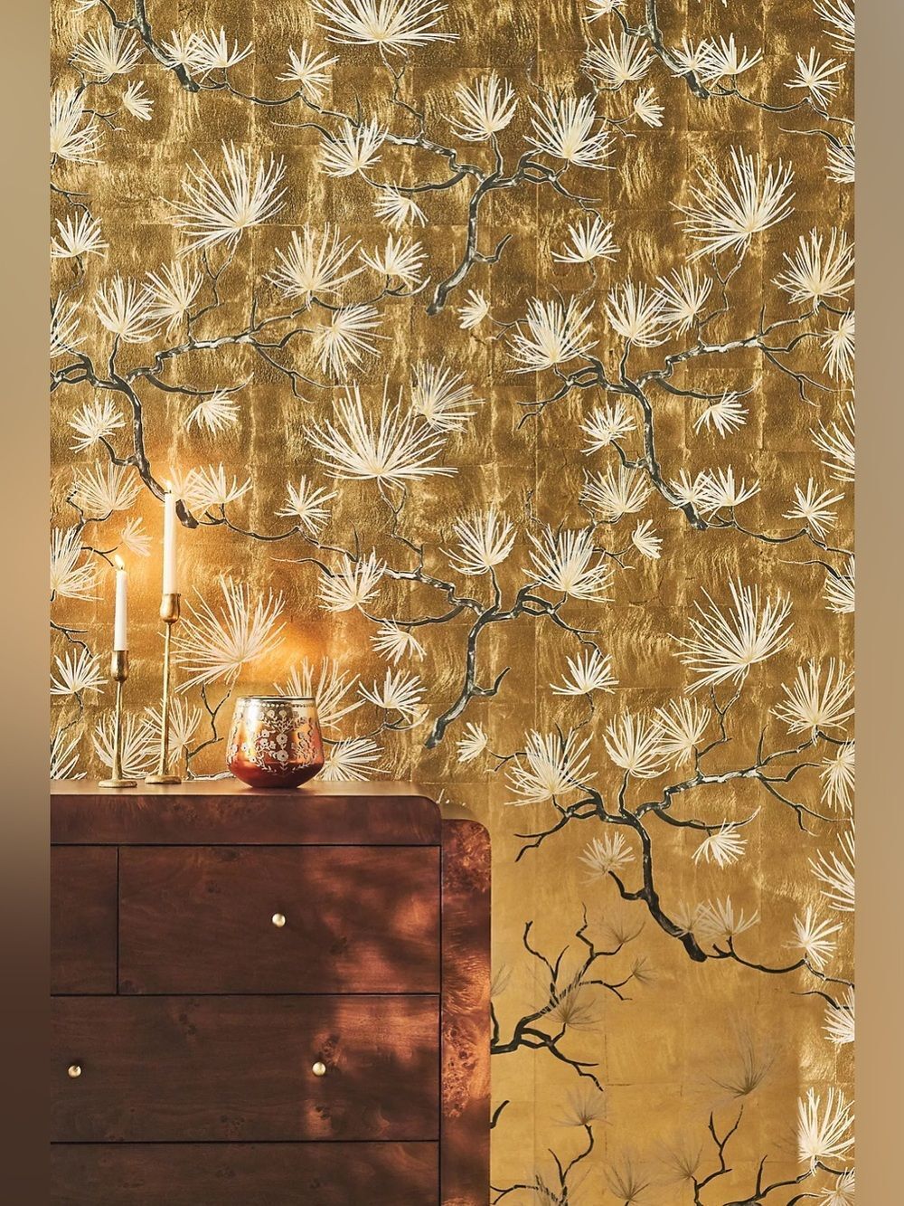 New Anthropologie Bonsai Floral Gold Leaf Wallpaper